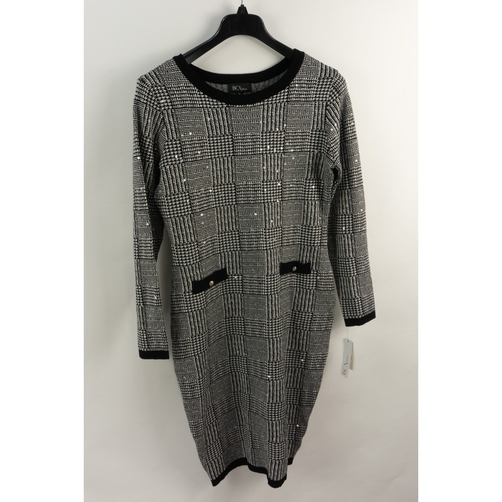 New Bcx Juniors' Size XL Round-Neck Sequin-Embellished Glen Check Sweater Dress